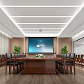 Modern Conference Room with Large Wooden Table Projection Screen Ergonomic Chairs and Green Plants
