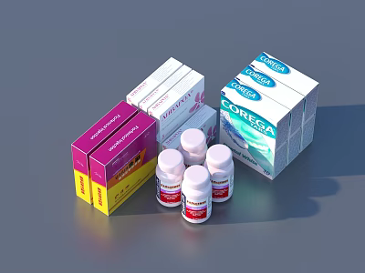 Essential Household Medicine Boxes And Pill Bottles In Various Colors On Gray Surface 3d model