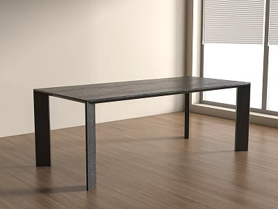 Minimalist Black Dining Table Design With Wooden Floor And Window Blinds 3d model