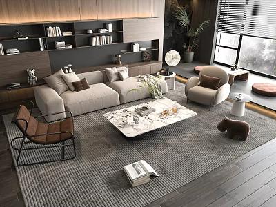 Modern Living Room Beige Sofa and Coffee Table Set With Marble Top And Armchair Rug 3d model