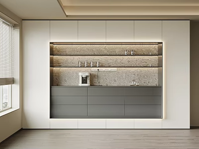 Elegant Modern Built in Wine Cabinet with LED Lighting and Marble Patterned Backsplash 3d model