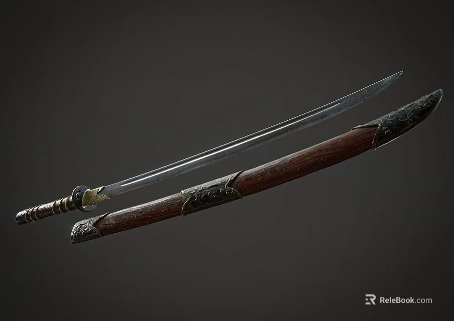 Authentic Handcrafted Samurai Sword Japanese Weapon With Sharp Steel Blade And Ornate Wooden Scabbard 3d model 