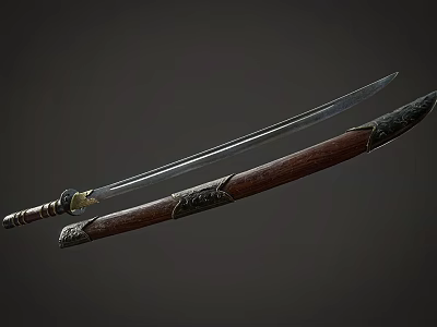 Authentic Handcrafted Samurai Sword Japanese Weapon With Sharp Steel Blade And Ornate Wooden Scabbard 3d model