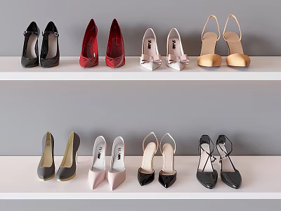 Stylish Women's Fashionable High Heels Collection in Black Red Pink Gold on Two Tiered Shelves 3d model