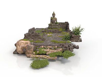 Modern Landscape Design Featuring Ancient Buddha Statue Ruins Stone Moss And Plants 3d model