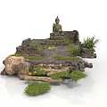 Modern Landscape Design Featuring Ancient Buddha Statue Ruins Stone Moss And Plants