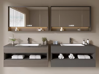 Modern Bathroom Vanity Cabinet With Double Sink Mirrored Doors And Towel Storage 3d model