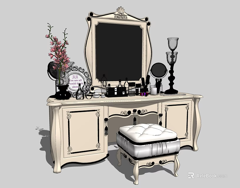 Classic Dressing Table with Mirror Cosmetics Vase Flowers Photo Frame Candle Holder and Padded Stool 3d model 
