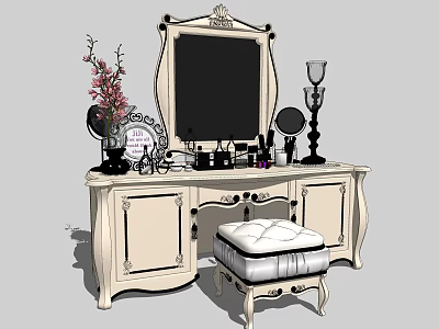 Classic Dressing Table with Mirror Cosmetics Vase Flowers Photo Frame Candle Holder and Padded Stool 3d model