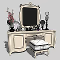 Classic Dressing Table with Mirror Cosmetics Vase Flowers Photo Frame Candle Holder and Padded Stool