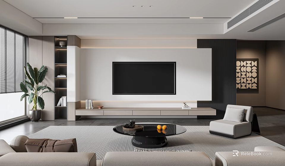 Modern Living Room Interior Design With TV Wall Sofa Coffee Table And Plant 3d model 