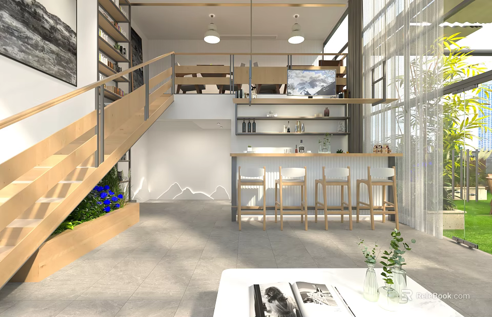 Loft Interior With Staircase Open Layout Bar Counter And Greenery 3d model
