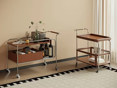 Stylish Rolling Carts With Wooden Trays Metal Frames On Geometric Rug In Modern Room 3d model