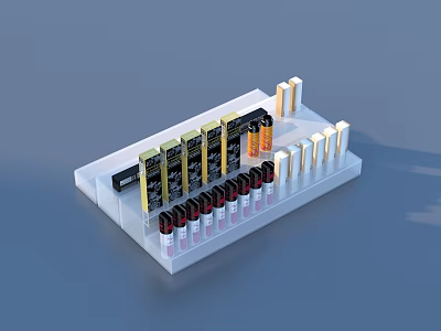 White Display Stand With Various Perfume And Cosmetic Products Including Lipsticks And Bottles 3d model