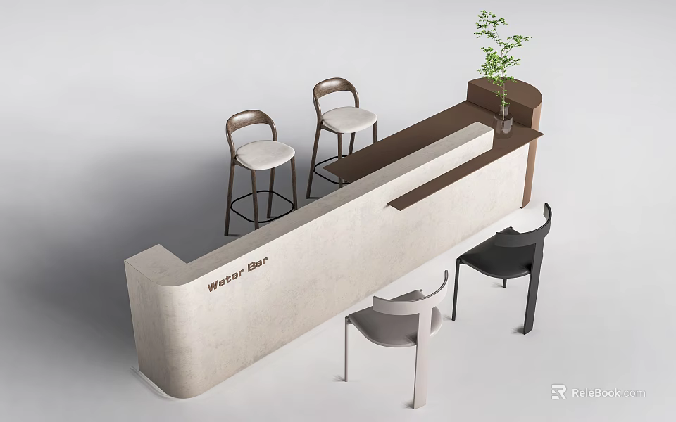 Modern Winner Bar Interior With Light Colored Surface Wooden Accent Stools Chairs And Potted Plant 3d model 