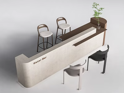 Modern Winner Bar Interior With Light Colored Surface Wooden Accent Stools Chairs And Potted Plant 3d model