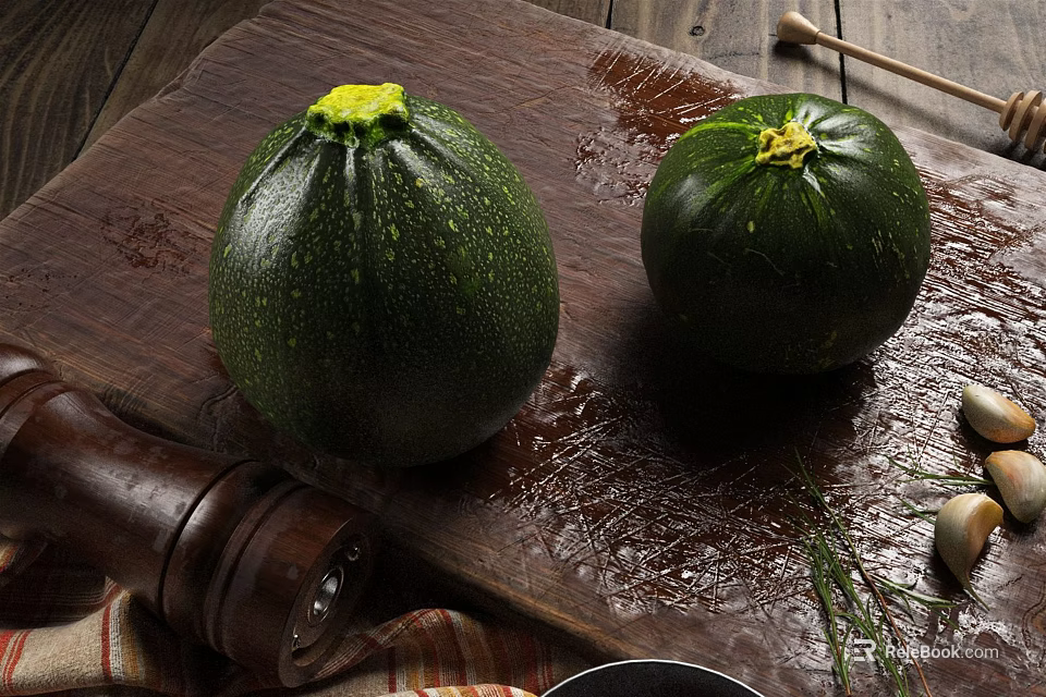 Fresh Green Zucchini On Wooden Cutting Board With Herbs Garlic And Pepper Grinder 3d model 
