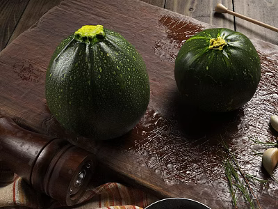 Fresh Green Zucchini On Wooden Cutting Board With Herbs Garlic And Pepper Grinder 3d model