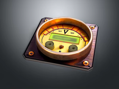Vintage Gauge With Golden Frame Square Base Two Knobs And Digital Display Showing V km/h 3d model
