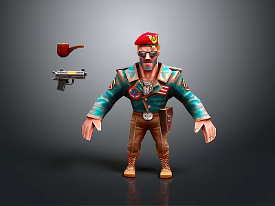 Man With Red Beret Sunglasses Beard Green Jacket Badges Brown Pants Boots Pipe And Pistol 3d model