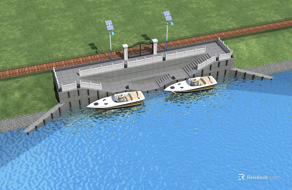 Scenic Waterfront Landscape With Two Boats Steps Street Lamps And Green Grass Area 3d model 