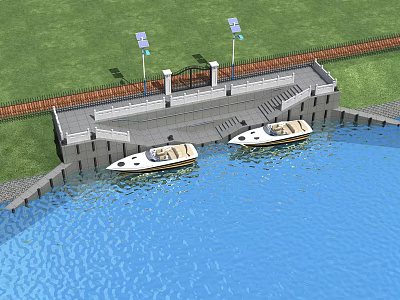 Scenic Waterfront Landscape With Two Boats Steps Street Lamps And Green Grass Area 3d model