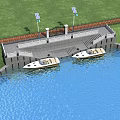 Scenic Waterfront Landscape With Two Boats Steps Street Lamps And Green Grass Area
