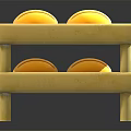 Wooden Rack Holding Three Yellow Bread Loaves With Brown Stripes