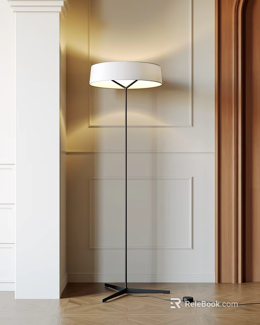 Modern Floor Lamp With White Lampshade And Black Pole In Light Colored Wall Panel Design 3d model 