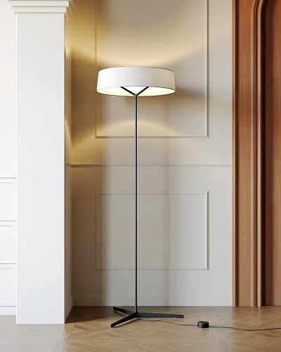 Modern Floor Lamp With White Lampshade And Black Pole In Light Colored Wall Panel Design 3d model