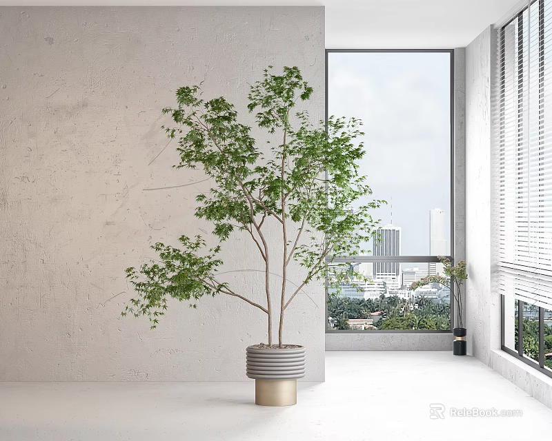 Large Green Potted Plant in Modern Interior With City View Through Window 3d model 