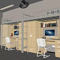 School Student Dormitory Interior With Bunk Beds Study Desks Bookshelves Computers And Chairs 3d model