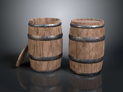 Wooden Barrels With Metal Hoops And Open Lid For Home Living Storage 3d model