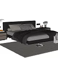 Modern Double Bed With Black Leather Headboard Pillows Blanket Nightstands Table Lamp And Rug