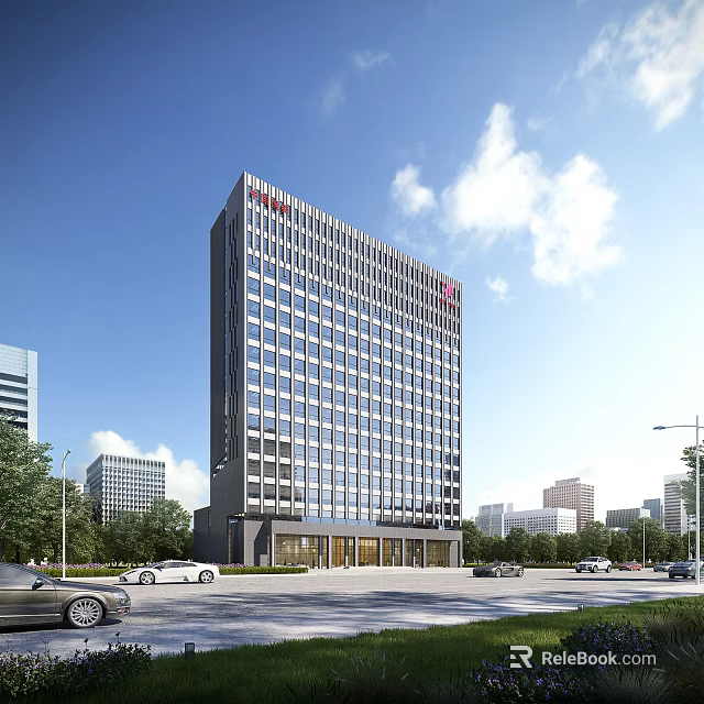 Modern City Building Complex With Tall Glass Office Tower Surrounding Trees Cars And Clear Sky 3d model 