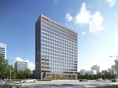 Modern City Building Complex With Tall Glass Office Tower Surrounding Trees Cars And Clear Sky 3d model