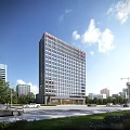 Modern City Building Complex With Tall Glass Office Tower Surrounding Trees Cars And Clear Sky