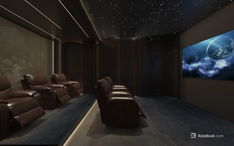 Modern Home Theater With Starry Ceiling Leather Sofas And Large Screen Dark Walls 3d model 
