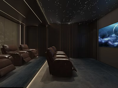 Modern Home Theater With Starry Ceiling Leather Sofas And Large Screen Dark Walls 3d model