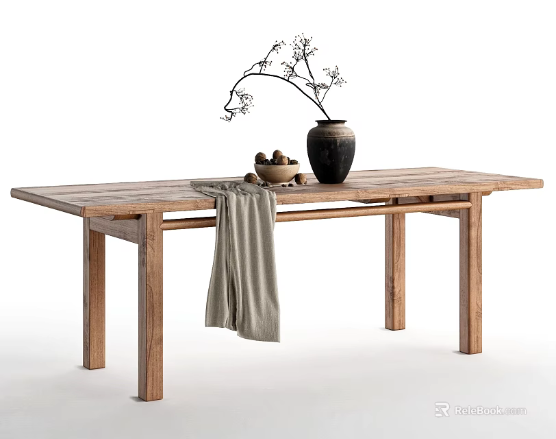 Natural Wooden Dining Table With Black Vase Branches Small Decor And Gray Cloth 3d model 