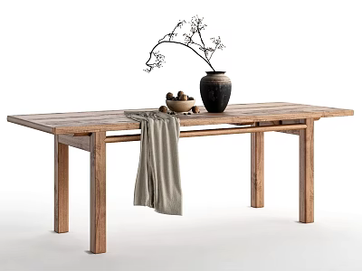Natural Wooden Dining Table With Black Vase Branches Small Decor And Gray Cloth 3d model