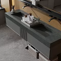 Modern Gray Bathroom Vanity With Large Mirror Black Marble Countertop Golden Wall And Basket Storage