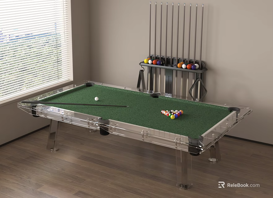 Modern Clear Acrylic Leg Billiard Entertainment Table With Green Felt Surface Balls And Cue Rack 3d model 