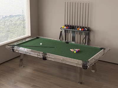 Modern Clear Acrylic Leg Billiard Entertainment Table With Green Felt Surface Balls And Cue Rack 3d model