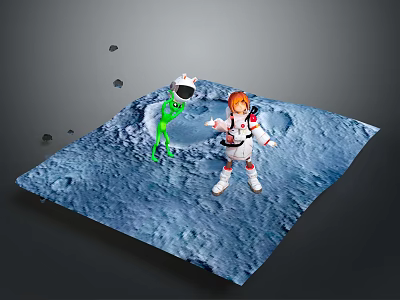 Astronaut In White Spacesuit Meeting Green Alien On Moon Surface With Rocks 3d model