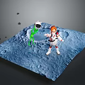 Astronaut In White Spacesuit Meeting Green Alien On Moon Surface With Rocks