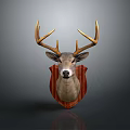 Decorative Deer Head Mount With Golden Antlers On Wooden Shield Base