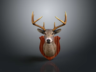 Decorative Deer Head Mount With Golden Antlers On Wooden Shield Base 3d model