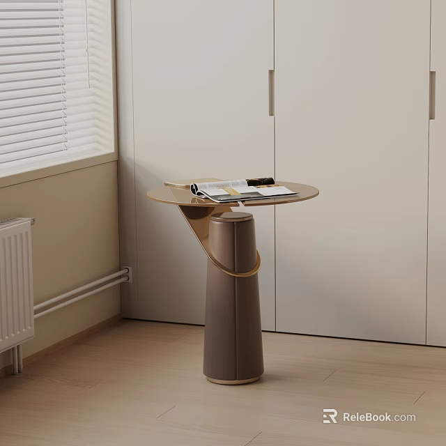 Elegant Modern Side Table with Round Top Leather Base and Books on Window Side 3d model 