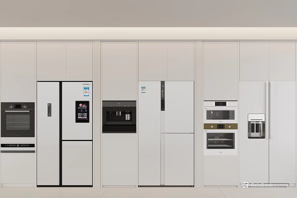 Modern Kitchen Interior With White Built in Refrigerators Freezers And Appliances 3d model 